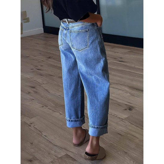 Flamingals Straight Leg Jeans for Women Boyfriend Mid Rise Roll Hem Wash Cropped Denim Pants Without Belt Flamingals Straight Leg Jeans for Women Boyfriend Mid Rise Roll Hem Wash Cropped Denim Pants Without Belt