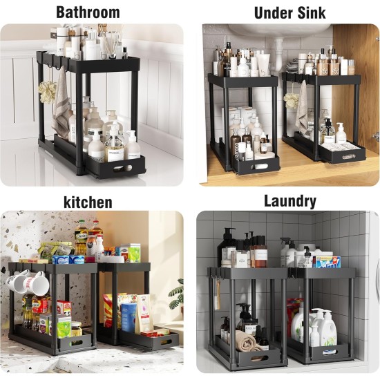 2 Pack Pull-Out Storage Organizers, Under Sink Organizer and Storage for Bathroom & Kitchen,Multi-Purpose Under Cabinet Organizers and storage Black