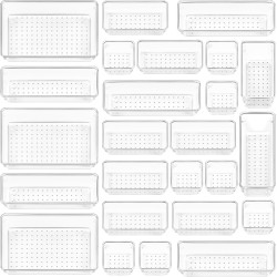 Vtopmart 25 PCS Clear Plastic Drawer Organizers Set, 4-Size Versatile Bathroom and Vanity Drawer Organizer Trays, Storage Bins for Makeup, Bedroom, Kitchen Gadgets Utensils and Office