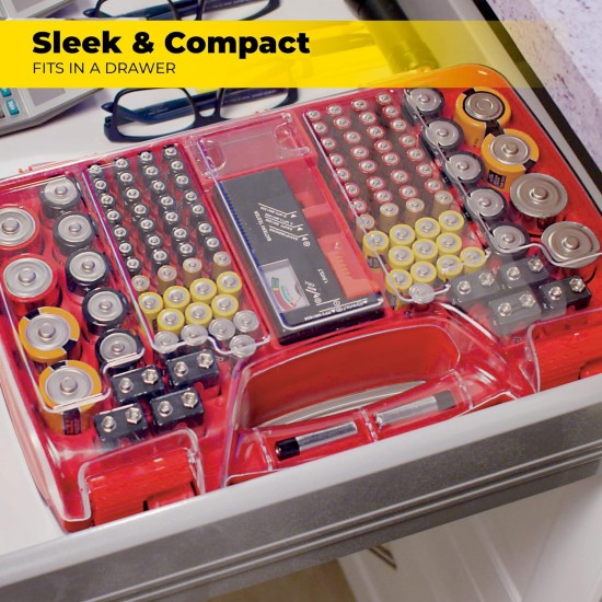 Ontel Battery Daddy Storage & Organizer Case w/Tester, Stores & Protects Up to 180 Batteries, Double-Sided, Clear Locking Lid, Secure Latches & Portable Carrying Handle - Red (Batteries Not Included)