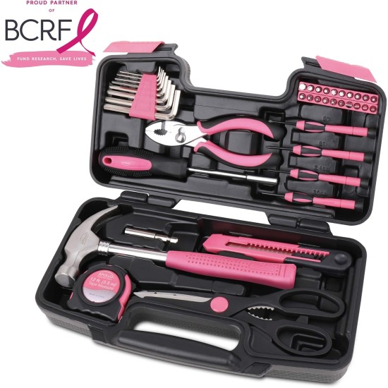 Apollo Tools Original 39 Piece General Household Tool Set in Toolbox Storage Case with Essential Hand Tools for Everyday Home Repairs, DIY and Crafts - Pink Ribbon - Pink - DT9706P