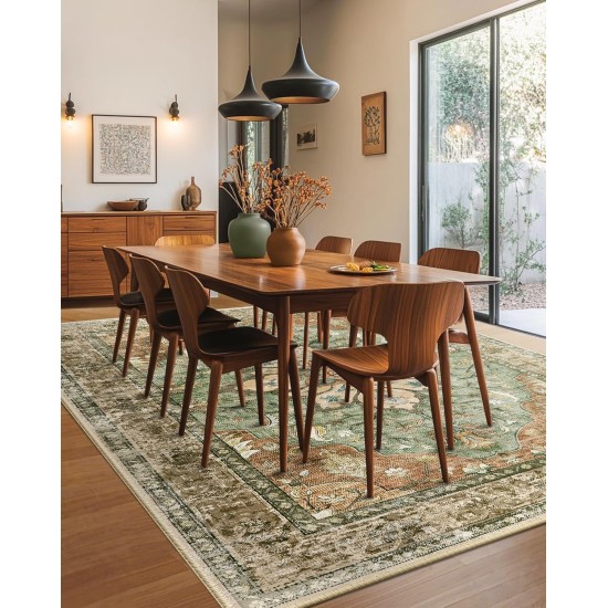 Area Rugs 8'x10' Washable Non-Slip, Floral Vintage Distress Print Pattern Medallion Carpet for Living Room Bedroom Dining Room, Brick Red Rust Neutral Brown Burnt Orange Green Area Rugs 8'x10' Washable Non-Slip, Floral Vintage Distress Print Pattern Medallion Carpet for Living Room Bedroom Dining Room, Brick Red Rust Neutral Brown Burnt Orange Green