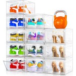 12 Pack Clear Shoe Storage Organizer with Magnetic Door,Stackable Plastic Shoe Boxes for Sneakers,Boots,and Heels,Space-Saving Foldable Shoe Rack for Closet,Durable Shoe Cabinet Organizer,White