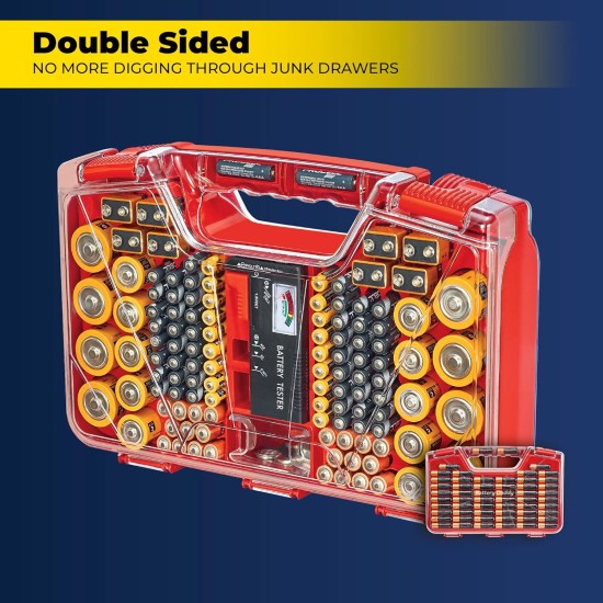 Ontel Battery Daddy Storage & Organizer Case w/Tester, Stores & Protects Up to 180 Batteries, Double-Sided, Clear Locking Lid, Secure Latches & Portable Carrying Handle - Red (Batteries Not Included)