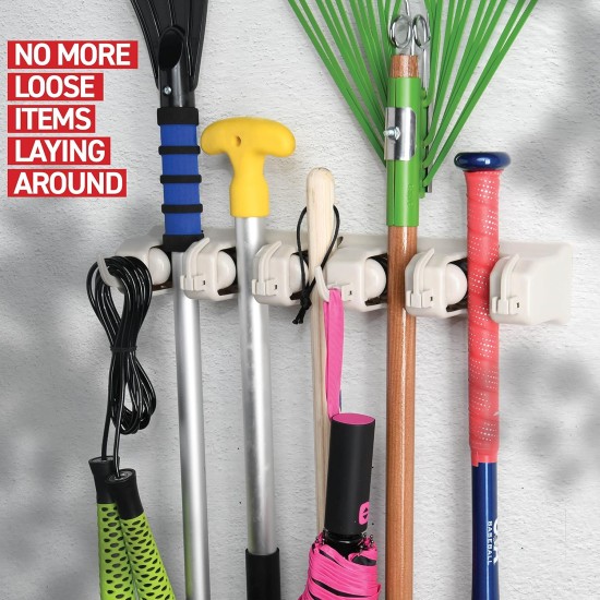 HOME IT Mop And Broom Holder Wall Mount - Garage Storage Systems with 5 Slots, 6 Hooks, 7.5lbs Capacity Per Slot - Garden Tool Organizer For Home, Kitchen, Closet, Garage, Laundry Room - Off-White HOME IT Mop And Broom Holder Wall Mount - Garage Storage Systems with 5 Slots, 6 Hooks, 7.5lbs Capacity Per Slot - Garden Tool Organizer For Home, Kitchen, Closet, Garage, Laundry Room - Off-White